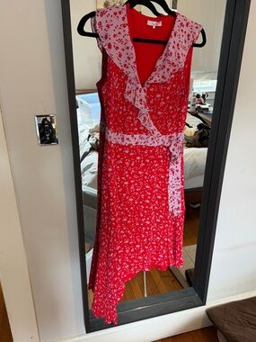 Parker Red and Lavender Asymmetrical Floral Wrap Dress